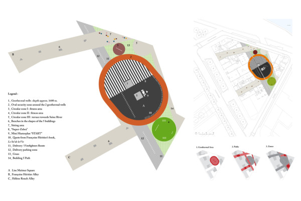 The design of the square highlights the geothermal energy system right in its centre. Each geothermal wellhead requires a 15-metre-radius waterproof safety zone, materialised as an orange asphalt ring., Picturerights © STAR-BOARD | Picture © - The design of the square highlights the geothermal energy system right in its centre. Each geothermal wellhead requires a 15-metre-radius waterproof safety zone, materialised as an orange asphalt ring., Picturerights © STAR-BOARD | Picture © -
