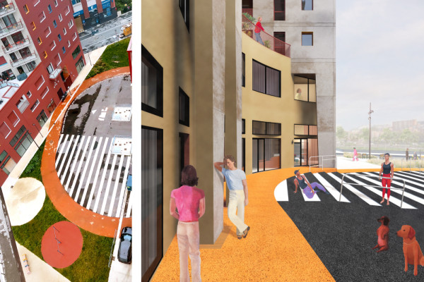 The security zone around each geothermal wellhead — materialised by an orange asphalt oval — shapes the buildings in the square., Picturerights © STAR strategies + architecture The security zone around each geothermal wellhead — materialised by an orange asphalt oval — shapes the buildings in the square., Picturerights © STAR strategies + architecture
