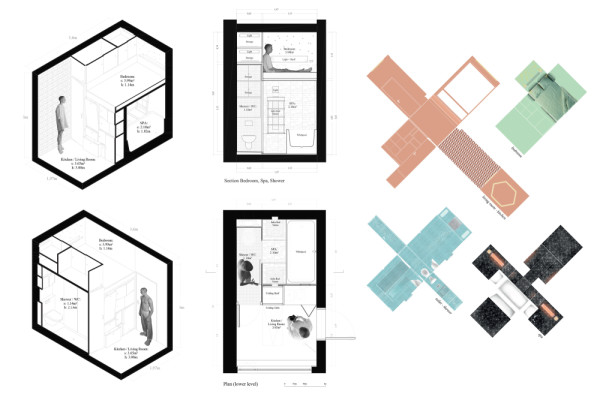 We see the four spaces of the Cabanon: kitchen / living room, shower / wc, spa, and bedroom, radically different in height, material, and colour., Picturerights © STAR-BOARD | Picture © -