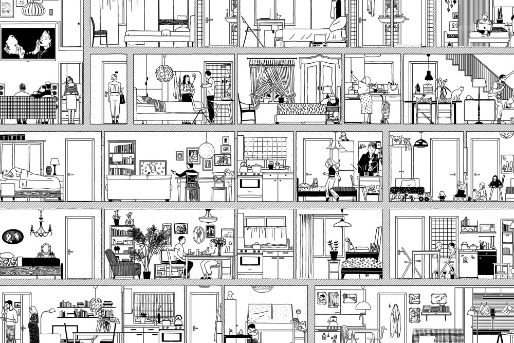 Zoom on the ‘Generative’ Section: the Design Principles converge into new housing typologies organised within an ‘ideal’ section. Inspired by Bertall’s 1845 lithography 'Five Floors of the Parisian World', each unit represents a real-life situation., Picturerights © STAR strategies + architecture | Picture © -
