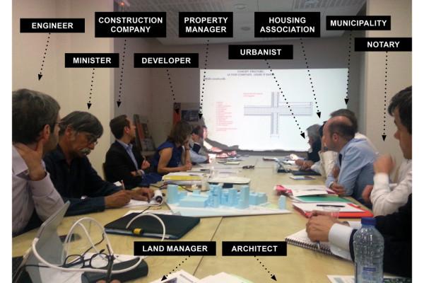 Co-creation workshop (2015) led by the architect and the land manager, bringing together the developer, construction company, municipal team (including the land management director), housing associations, engineers and a representative of the Ministry., Picturerights © STAR strategies + architecture | Picture © -