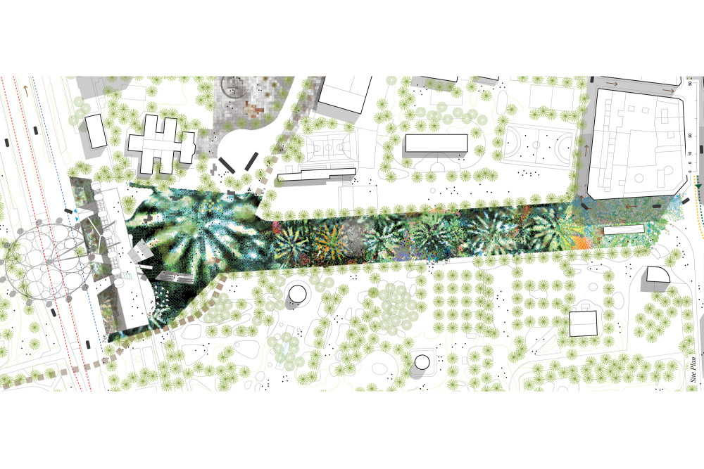 Renovation of the Paseo Boulevard: an urban mosaic inspired by the huertos, portraying the eight most beautiful palm trees in the Palmeral. The urban-scale mosaic will be visible from the Mirador wheel as an enormous piece of urban art., Picturerights © STAR strategies + architecture | Picture © -