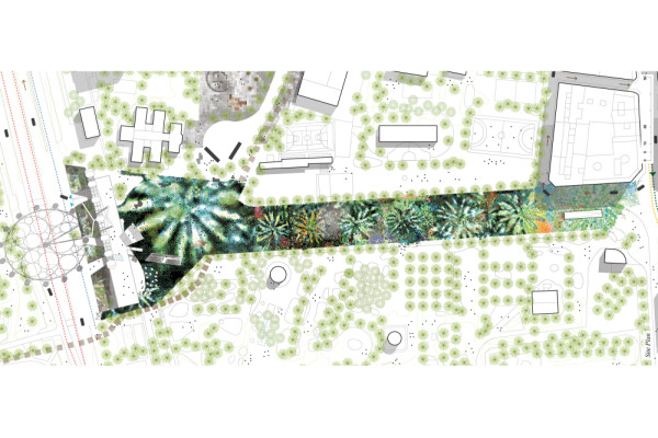Renovation of the Paseo Boulevard: an urban mosaic inspired by the huertos, portraying the eight most beautiful palm trees in the Palmeral. The urban-scale mosaic will be visible from the Mirador wheel as an enormous piece of urban art., Picturerights © STAR strategies + architecture | Picture © -
