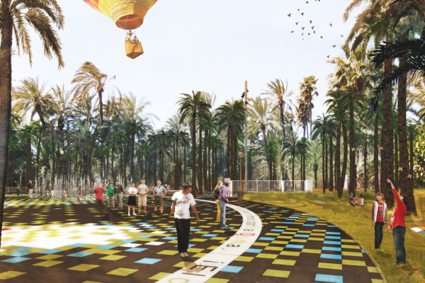 Detail of the Square: an engraved quote runs along a circular path representing the exact diameter of the future Mirador Wheel., Picturerights © STAR strategies + architecture | Picture © -